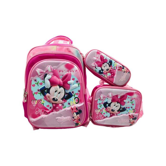 Pink Minnie Mouse backpack and pencil case set on a white background