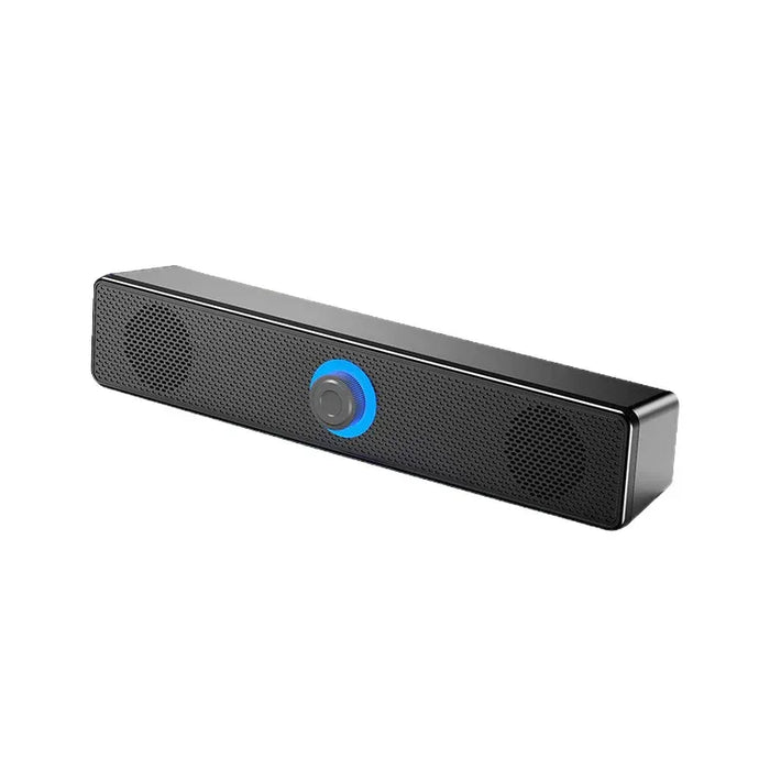Black speaker bar with a blue light on a white background