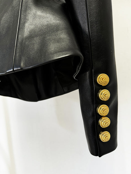 Black leather jacket with gold buttons on a white background