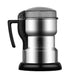 Stainless steel coffee grinder with black handle on a white background