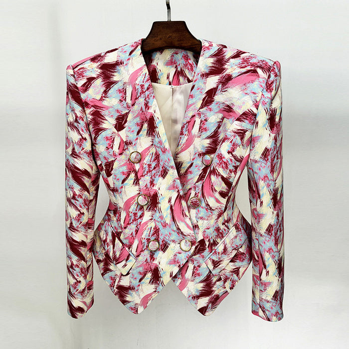 Floral patterned blazer on a hanger against a white background