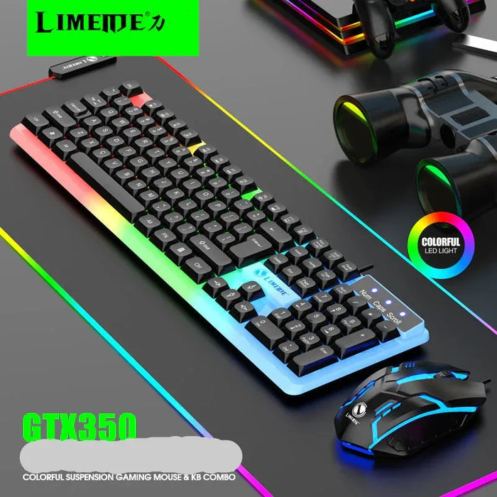 Gaming keyboard and mouse set with colorful LED lights on a dark surface, featuring the brand 'LimeMe'.