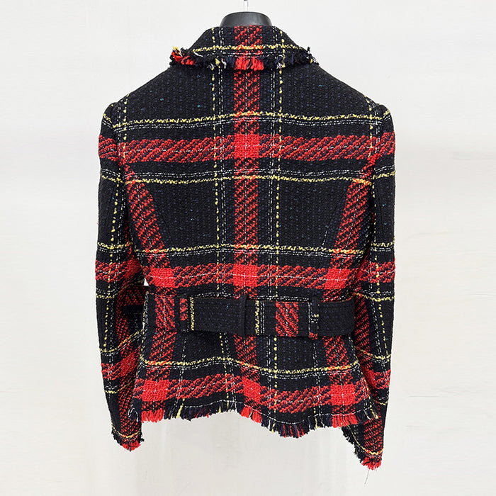 Plaid jacket with red and black pattern on a white background