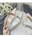 Pair of high-heeled shoes with a bouquet of white roses on a soft fabric background