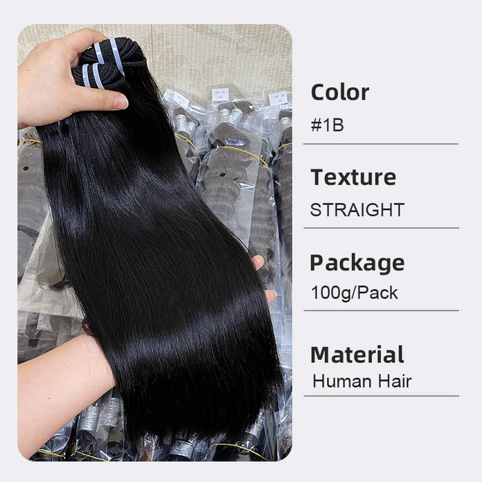 Black hair extensions held by a hand with product details on the right.