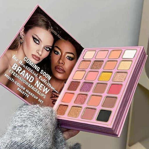 Makeup palette with a model holding an open box featuring two models and product details.