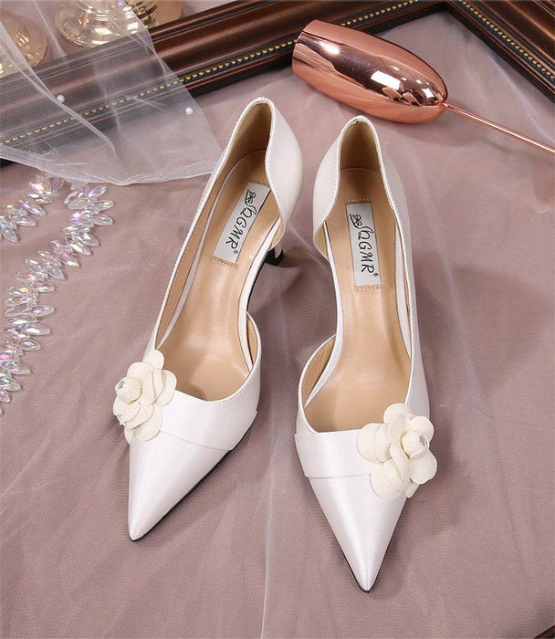 Fairy White Camellia Satin Stiletto Sandals for Women - Elegant Wedding Shoes - Dio Kollections