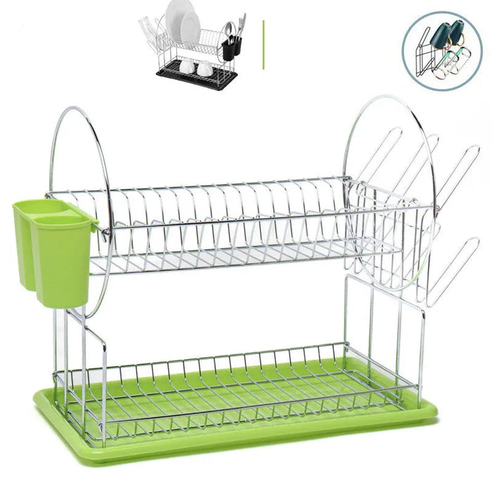 Green dish rack with additional shelves on a white background