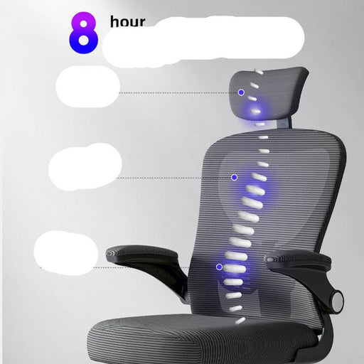 Ergonomic office chair with highlighted support features on a gray background
