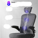 Ergonomic office chair with highlighted support features on a gray background