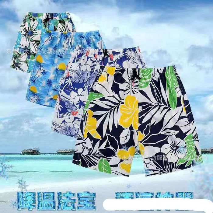 Three pairs of floral-patterned shorts on a beach background