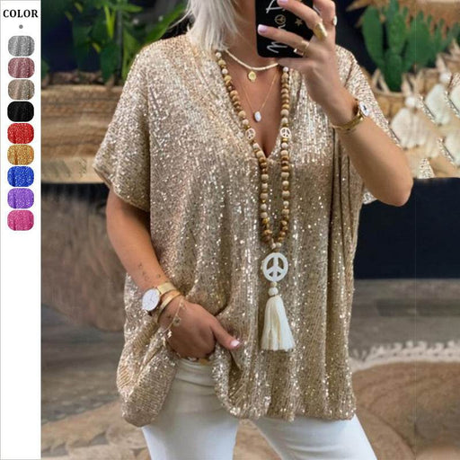 Short-Sleeved Loose Pullover Sequin V-neck T-shirt Top Women's Clothing - Dio Kollections