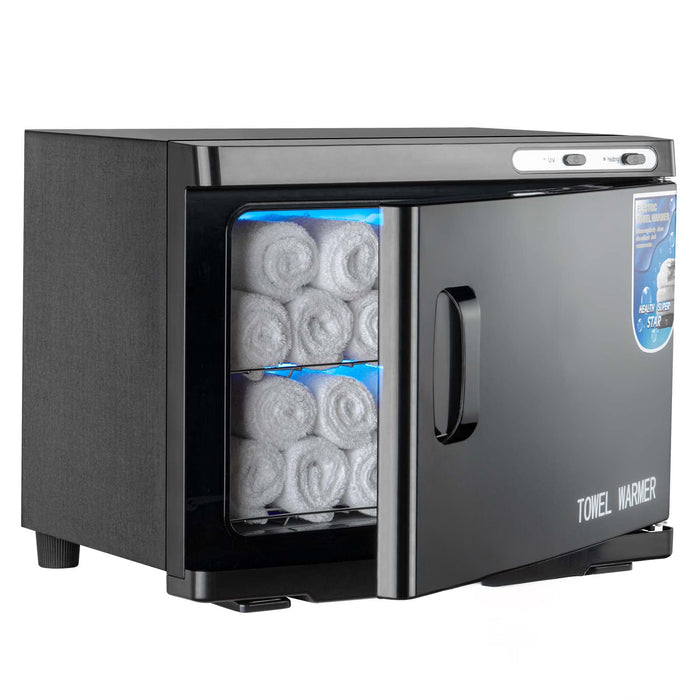 Black towel warmer with glass door displaying rolled towels on a white background