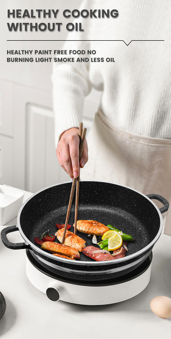 Person cooking on a non-stick pan with text about healthy cooking without oil.