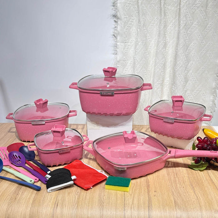 25-Piece Premium Non-Stick Medical Stone Cookware Set in Black and Pink - Dio Kollections
