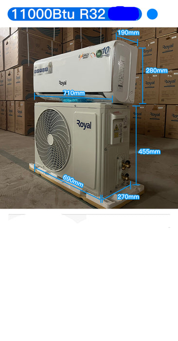 Air conditioning unit with dimensions and specifications displayed on a warehouse background