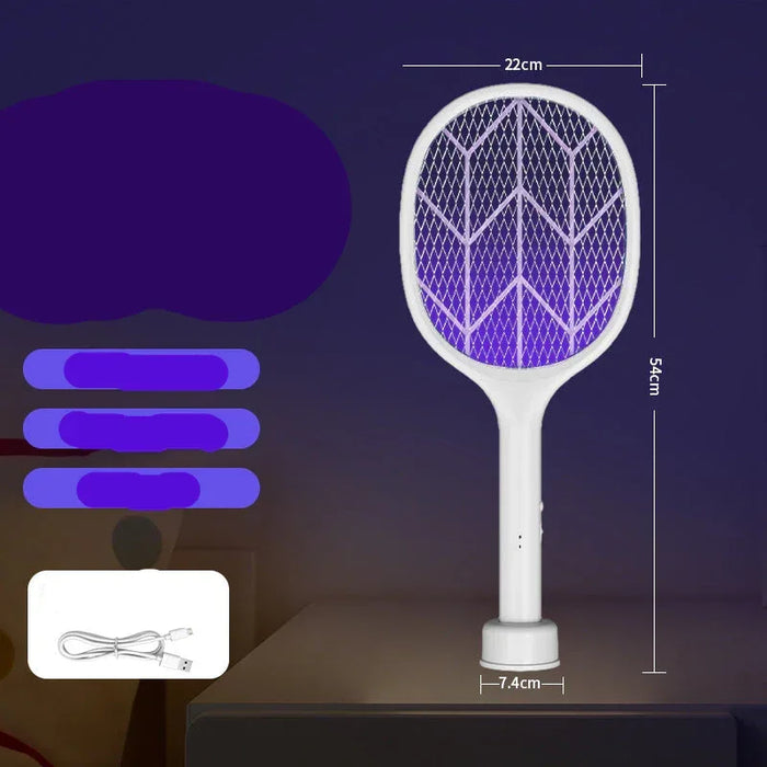 Electric fly swatter with dimensions and features on a dark background
