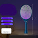Electric fly swatter with purple light on a dark background, featuring text and dimensions.