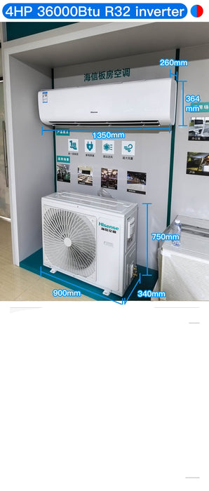 Air conditioning unit with dimensions and specifications displayed on a white background