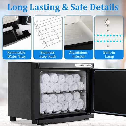 Black towel dryer with features highlighted on a white background