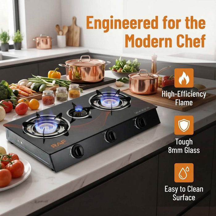Gas stove on a kitchen counter with cooking utensils and ingredients, featuring text about its features.