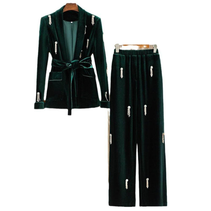 Velvet Beaded Fashion Suit Green Fruit Collar Suit Jacket Lace-up Elastic Wide Leg Pants Two-piece Set - Dio Kollections