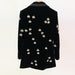 Black jacket with bee patterns on a white background