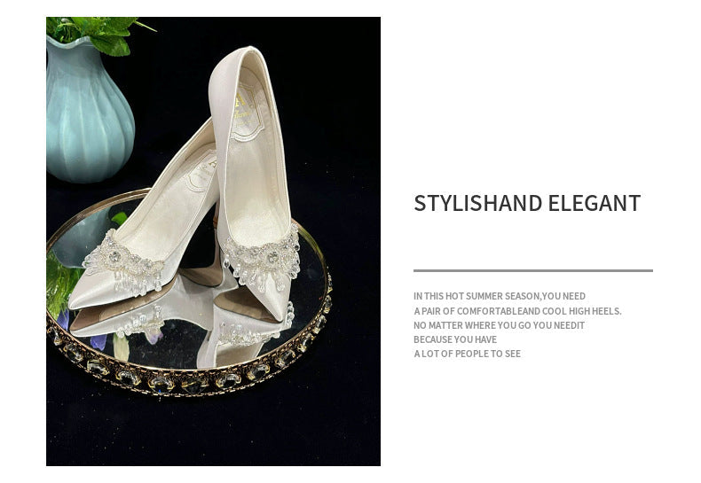 French Pointed Toe Rhinestone Elegant White Satin High Heel Wedding Shoes