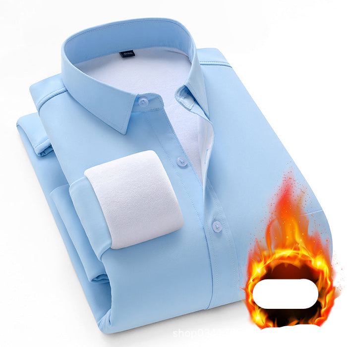 Folded light blue shirt with a white pocket on a white background, featuring a fiery graphic and text.