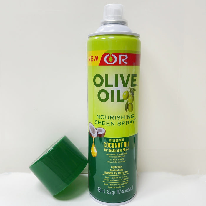 Olive oil spray can with green cap on a white background