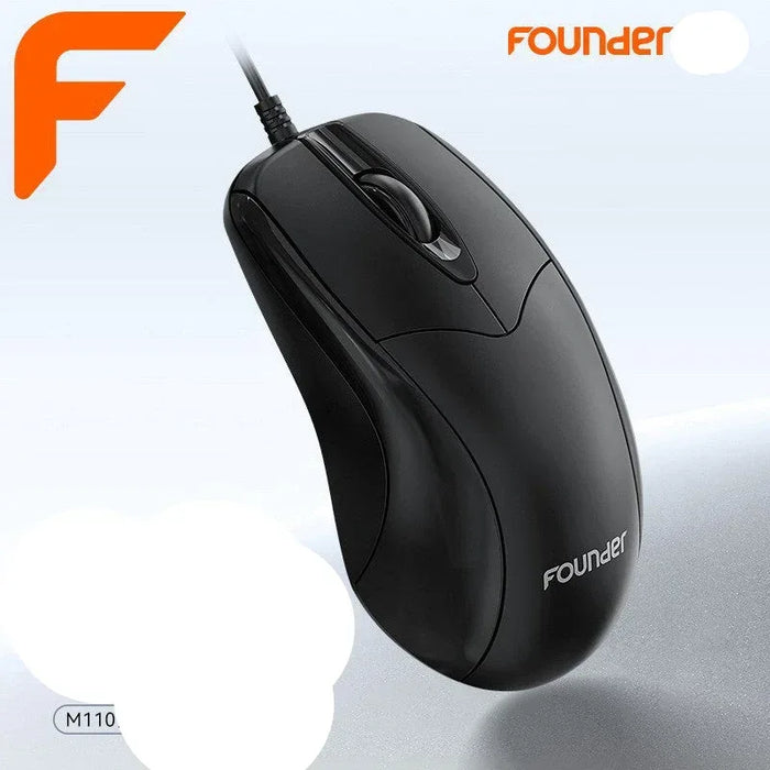 Black computer mouse with 'founder' branding on a light gray background
