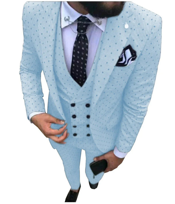 Light blue patterned suit jacket with a white shirt and black tie on a white background