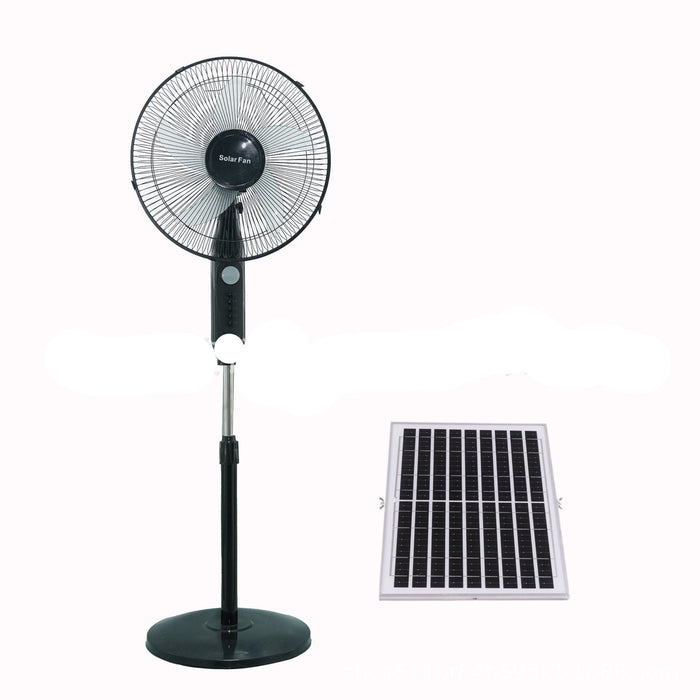 Solar stand fan with solar panel on a white background