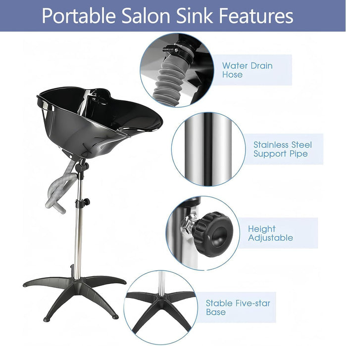 Portable salon sink with features highlighted on a white background