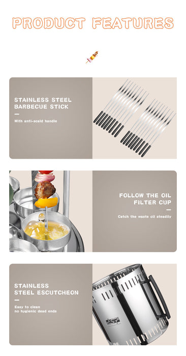 Product features infographic for a stainless steel barbecue stick set, showing the product name, a close-up of the metal sticks, oil filtering with a skewer, and a stainless steel escutcheon.