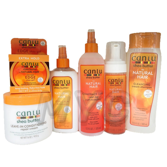 Collection of Cantu hair care products on a white background