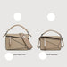 Two beige handbags with size specifications on a light gray background