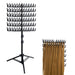 Black hair extension stand with multiple hooks holding brown hair extensions on a white background