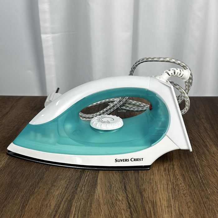 White and blue iron with 'Slivers Priest' branding on a wooden surface.