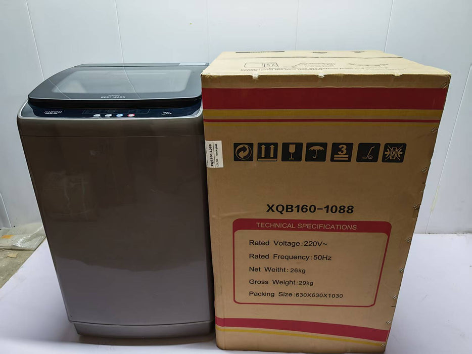 Washing machine next to its packaging box with specifications on a white background