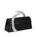 Black handbag with a decorative silver handle on a white background