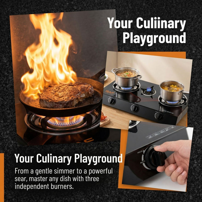 Stove with flames and cooking pots, labeled 'Your Culinary Playground'.