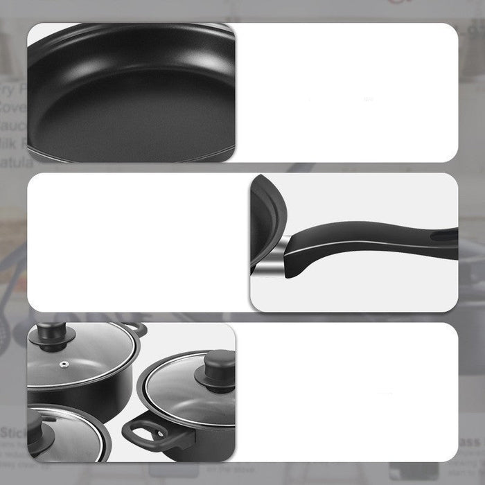 Black cookware set with features highlighted on a gray background