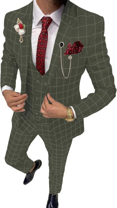 Man wearing a green checkered suit with a red tie and pocket square on a white background