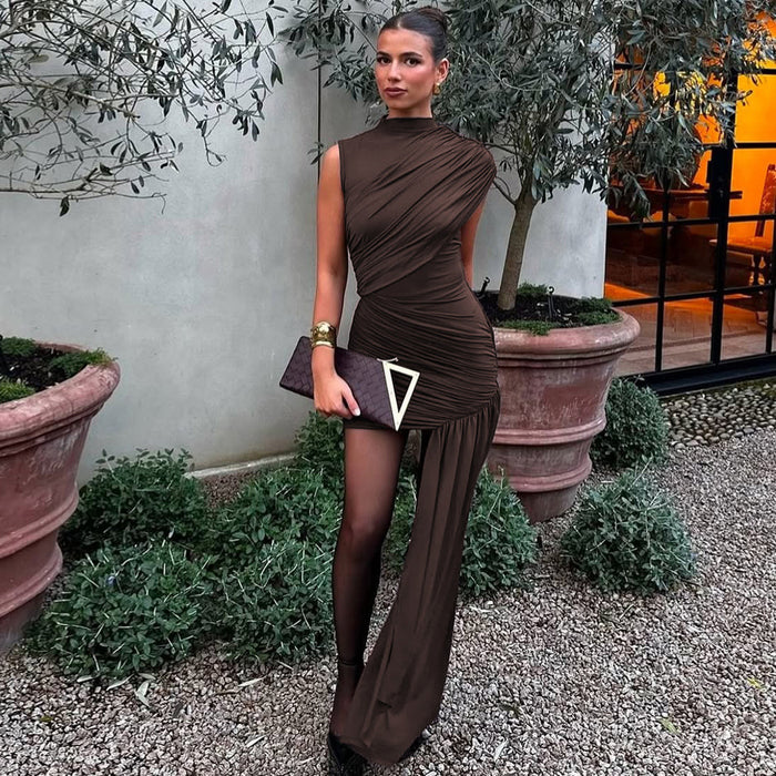 Dio Round Neck Pleated Ribbon Bag Hip Irregular Sleeveless Dress