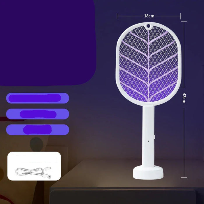 Electric fly swatter with purple netting on a dark background, featuring dimensions and text.