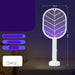 Electric fly swatter with purple netting on a dark background, featuring dimensions and text.