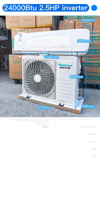 Hisense air conditioner with technical specifications on a warehouse background
