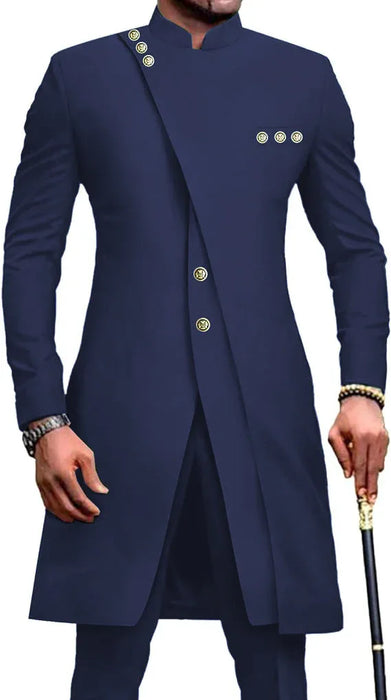 Navy blue formal coat with gold buttons on a white background