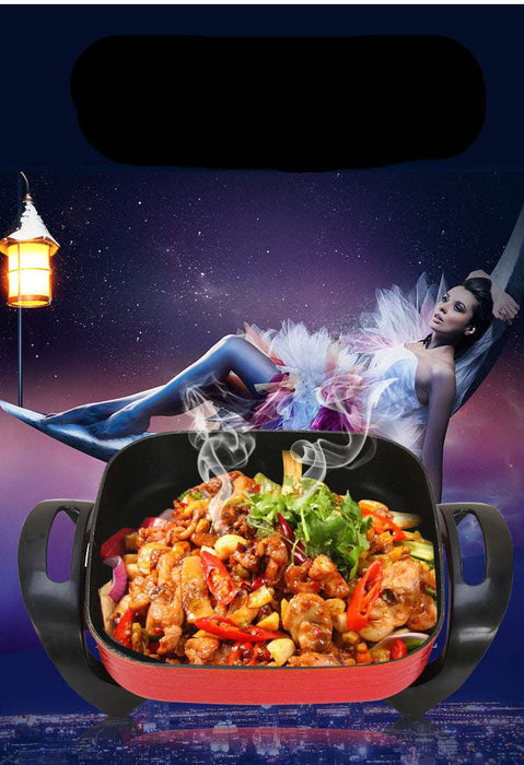 Promotional image of a cooking pot with food, featuring a model and text in Chinese.